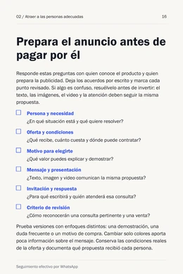 Vista de la página 16: preguntas para preparar un anuncio antes de invertir.