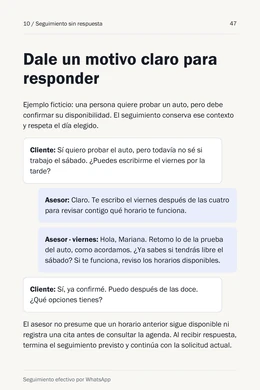 Vista de la página 47: ejemplo de seguimiento con un motivo útil para retomar la conversación.